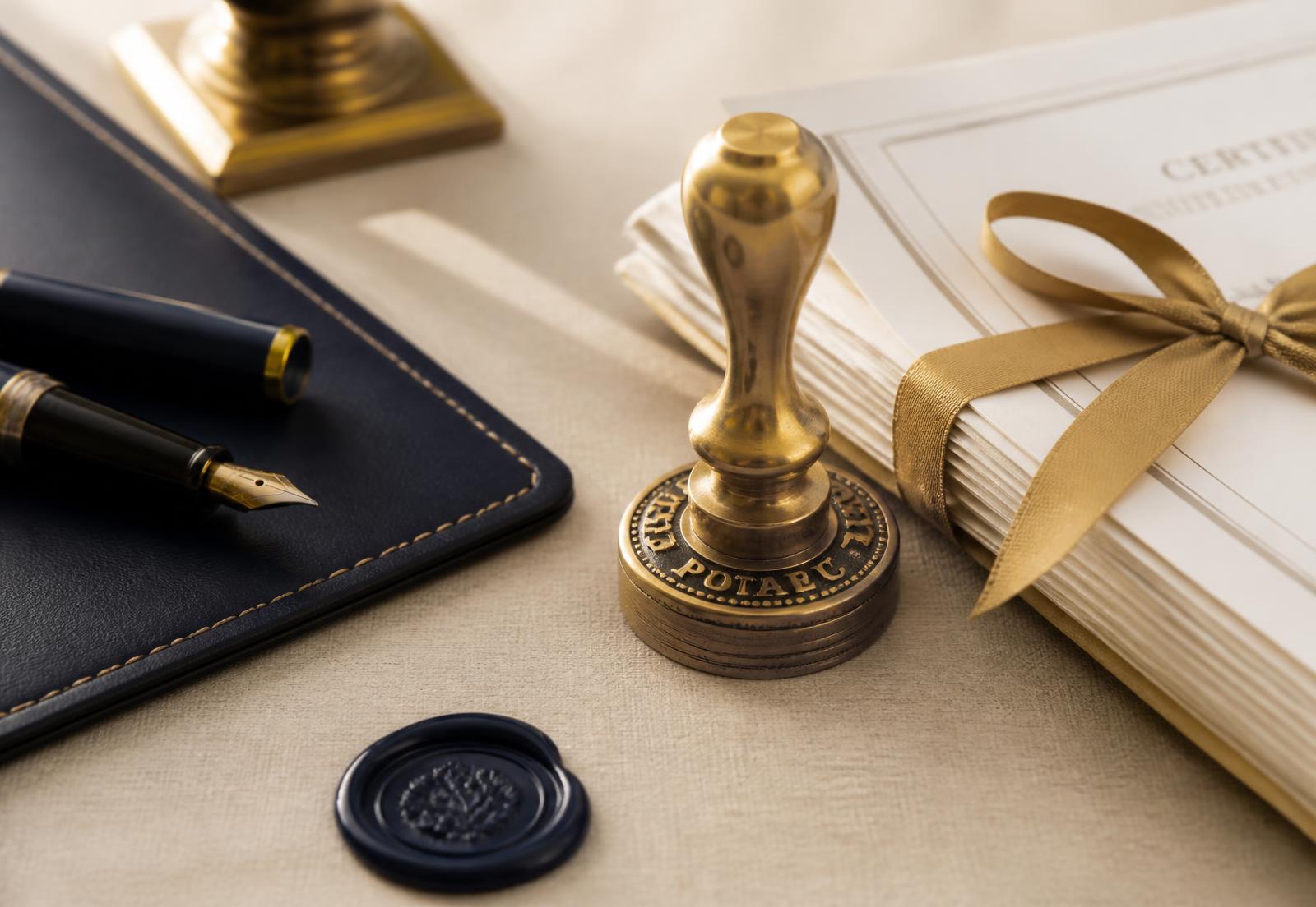 Notary desk with a brass seal stamp, documents, fountain pen, and wax seal